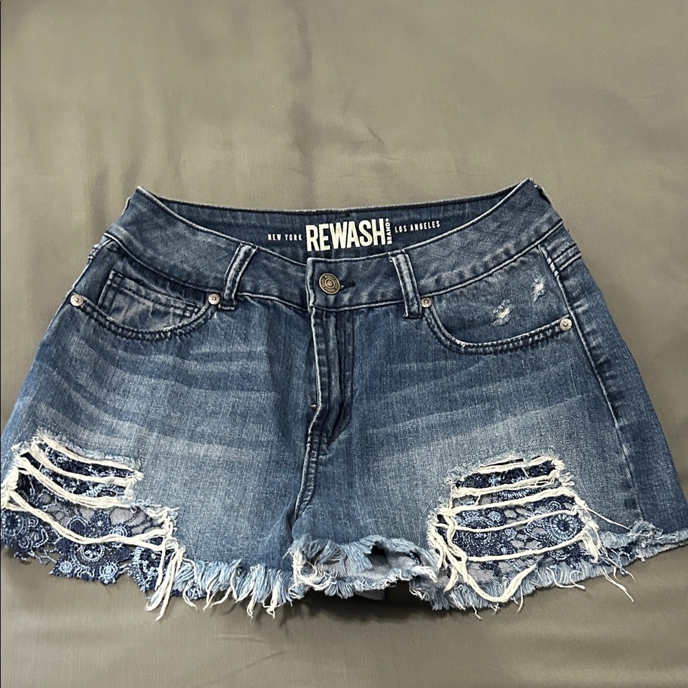 Rewash Women's Dark Blue Frayed Jean Shorts